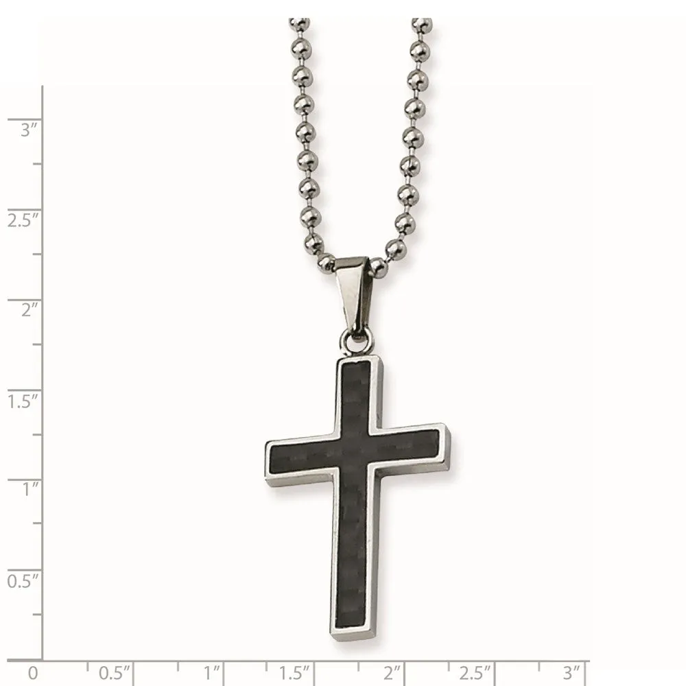 Men's Stainless Steel & Blk Carbon Fiber Inlay Cross Necklace, 22 Inch