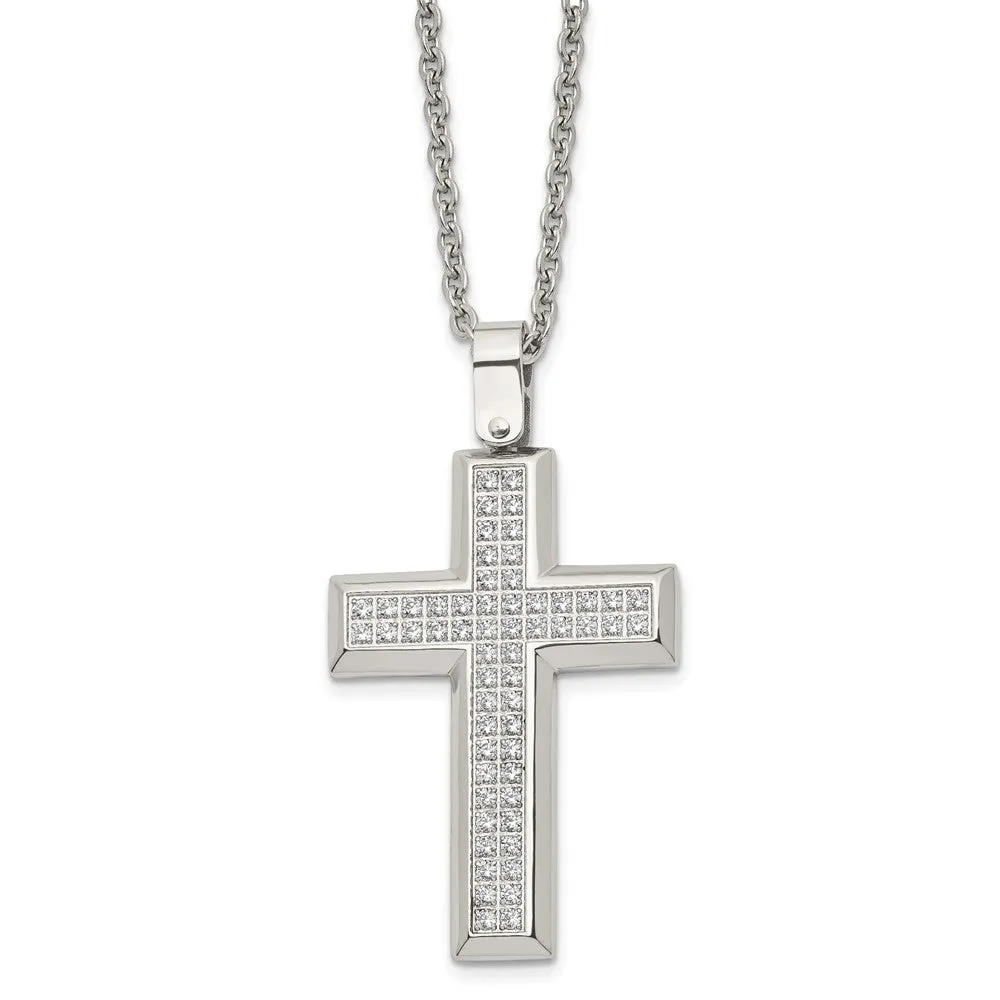 Men's Stainless Steel & CZ Large Beveled Cross Necklace, 24 Inch