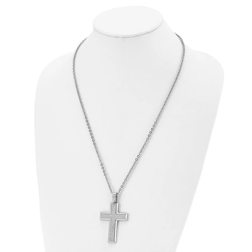 Men's Stainless Steel & CZ Large Beveled Cross Necklace, 24 Inch