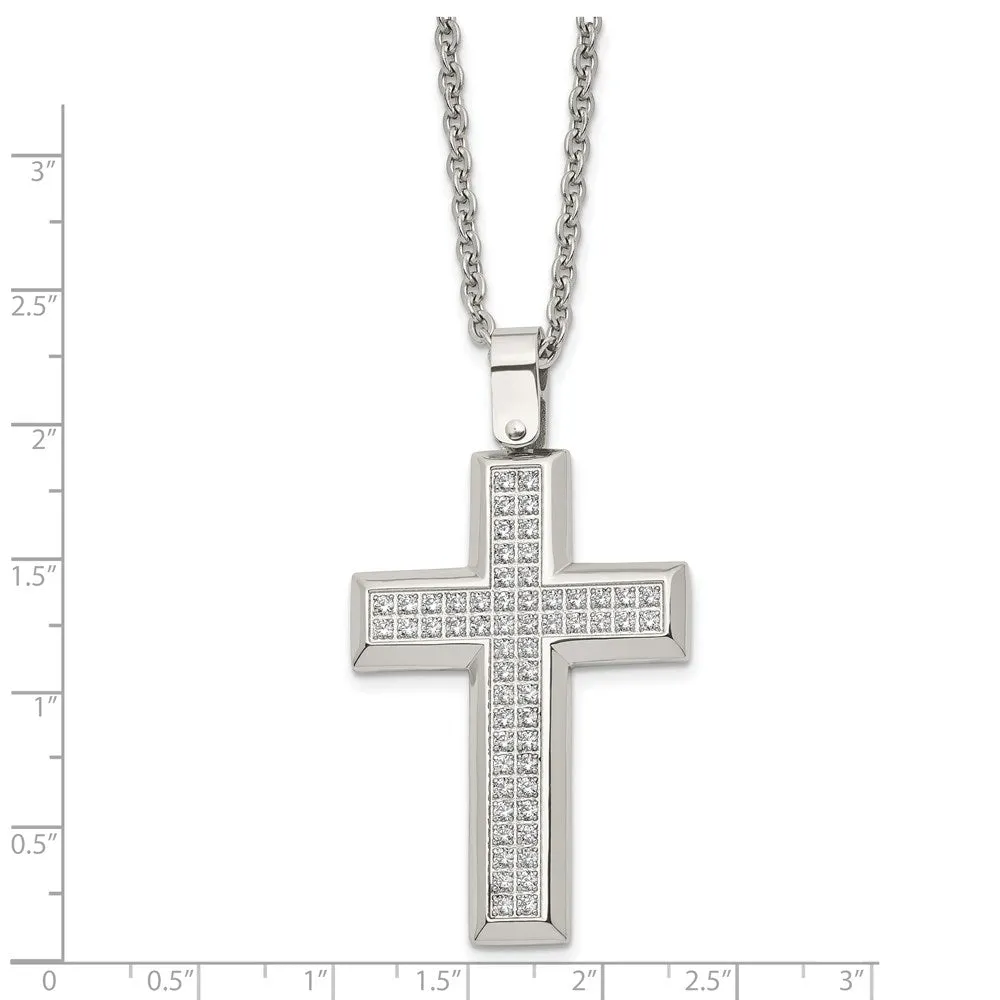 Men's Stainless Steel & CZ Large Beveled Cross Necklace, 24 Inch