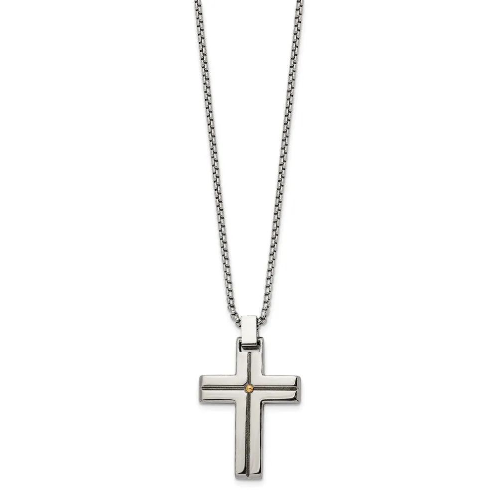 Men's Stainless Steel & Gold Tone Grooved Cross Necklace, 19.5 Inch