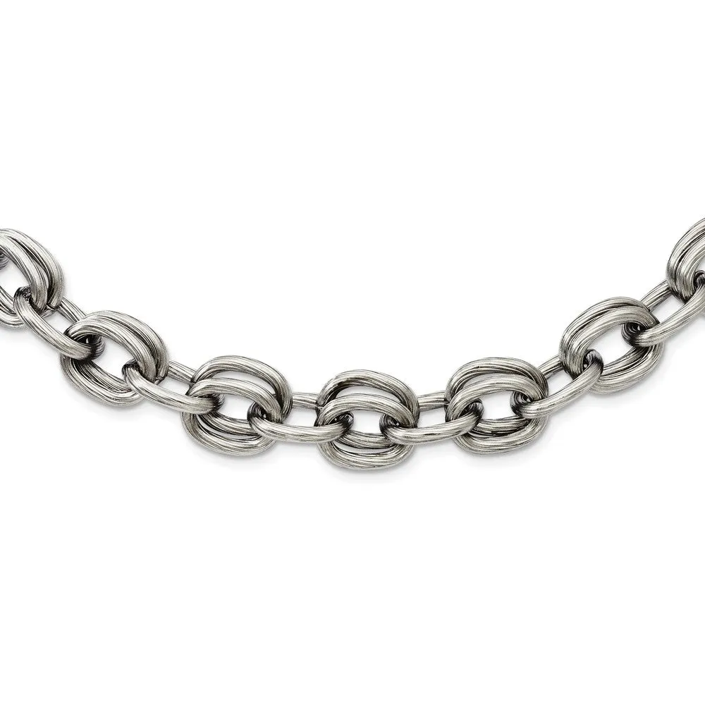 Men's Stainless Steel 11mm Textured and Brushed Link Necklace 22 Inch