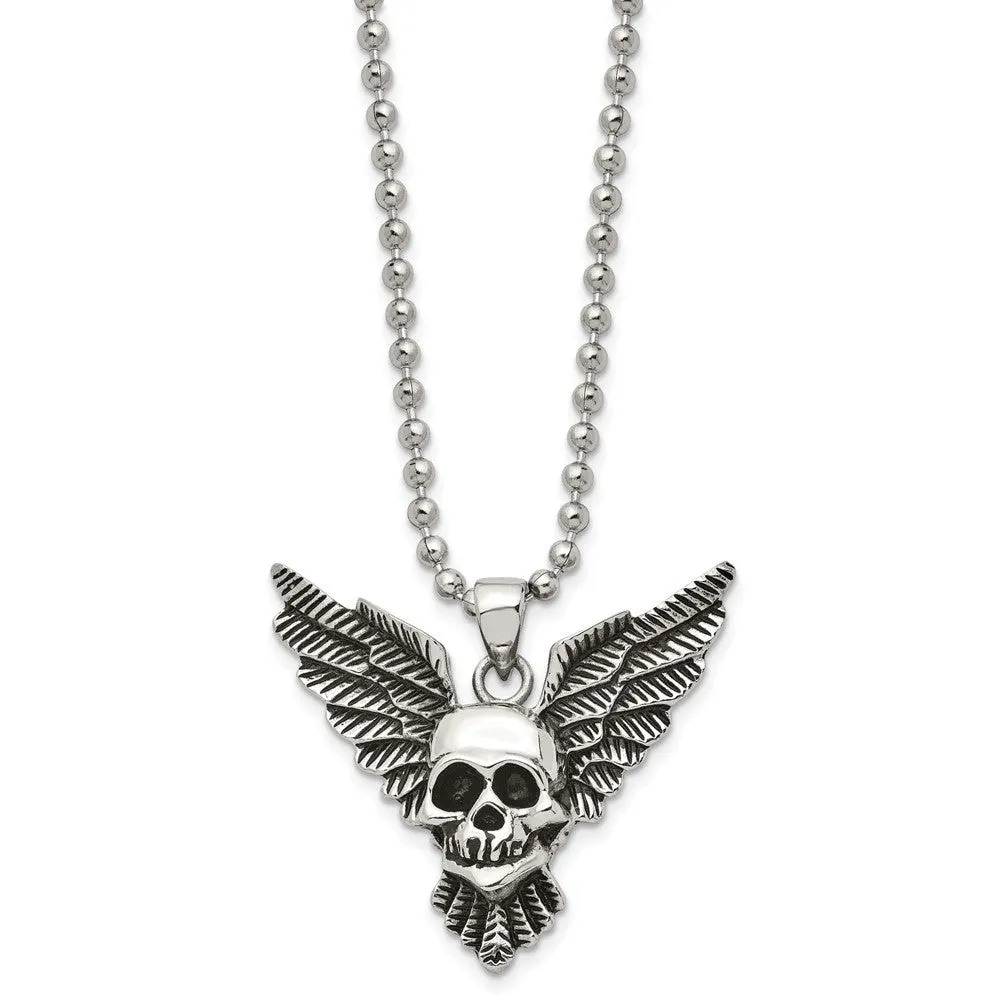 Men's Stainless Steel Antiqued & Polished Winged Skull Necklace, 22 In