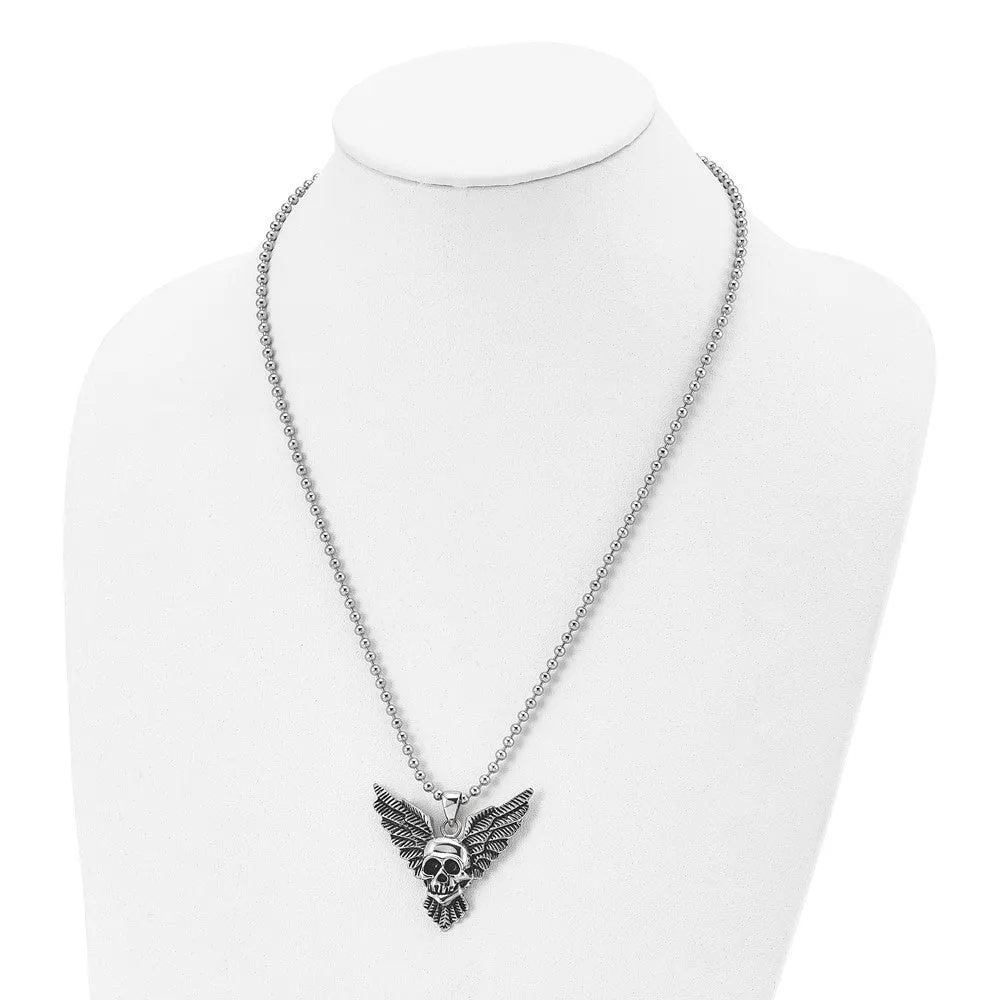 Men's Stainless Steel Antiqued & Polished Winged Skull Necklace, 22 In