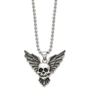 Men's Stainless Steel Antiqued & Polished Winged Skull Necklace, 22 In