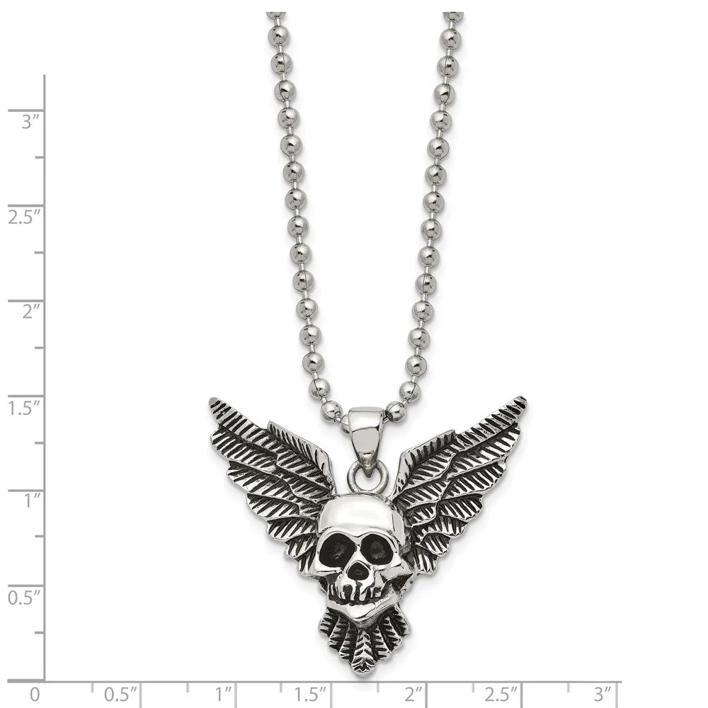 Men's Stainless Steel Antiqued & Polished Winged Skull Necklace, 22 In