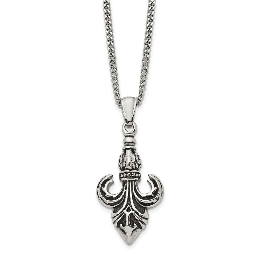 Men's Stainless Steel Antiqued Fleur de lis Necklace, 22 Inch