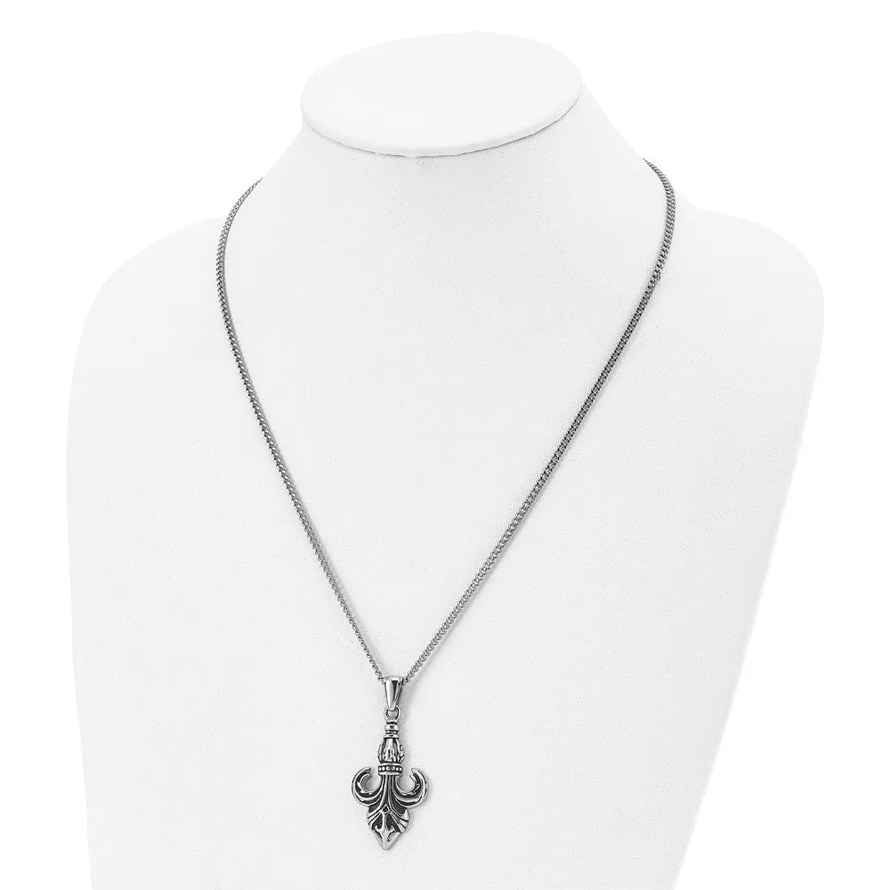 Men's Stainless Steel Antiqued Fleur de lis Necklace, 22 Inch