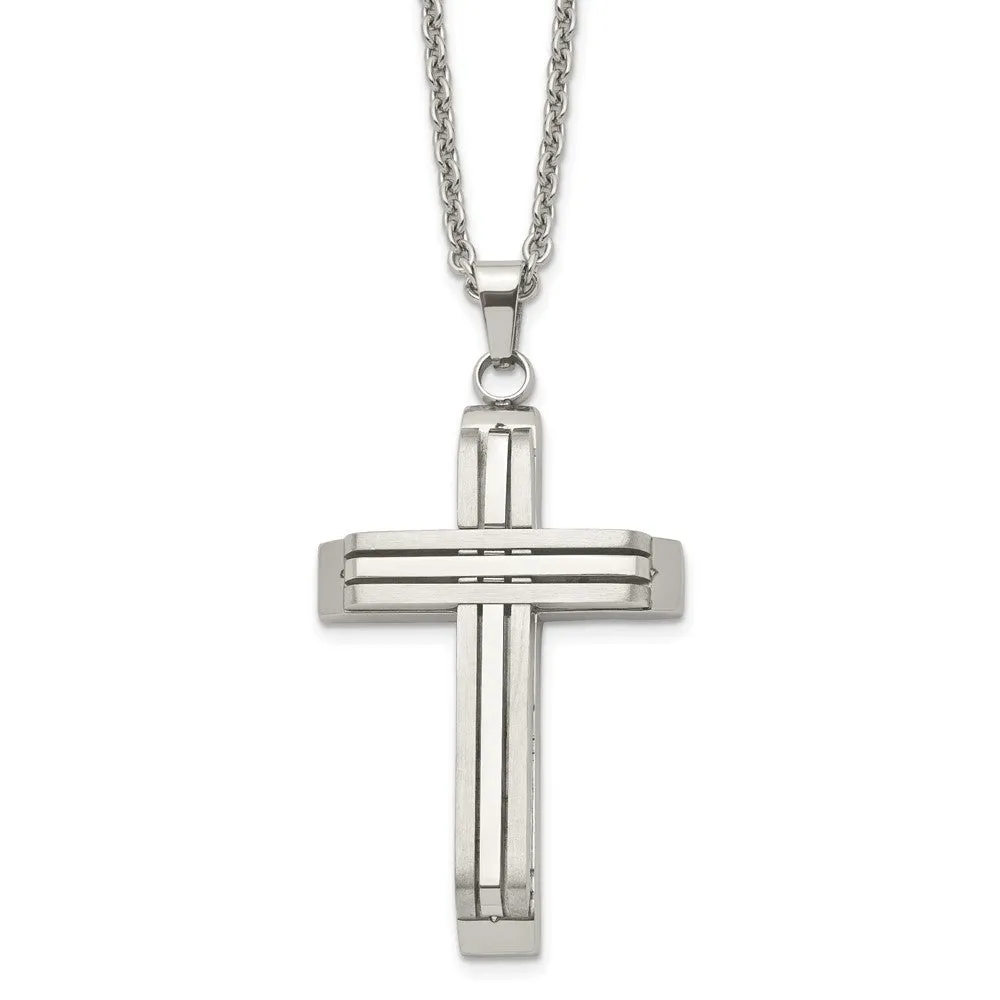 Men's Stainless Steel Brushed & Polished Bar Cross Necklace, 22 Inch