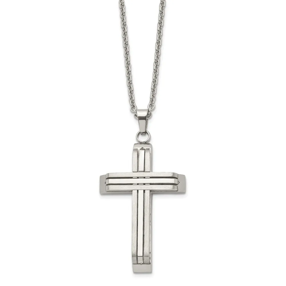 Men's Stainless Steel Brushed & Polished Bar Cross Necklace, 22 Inch