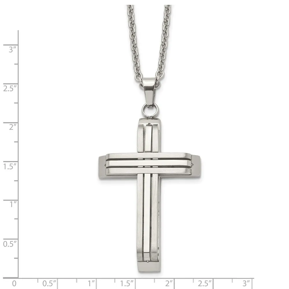 Men's Stainless Steel Brushed & Polished Bar Cross Necklace, 22 Inch