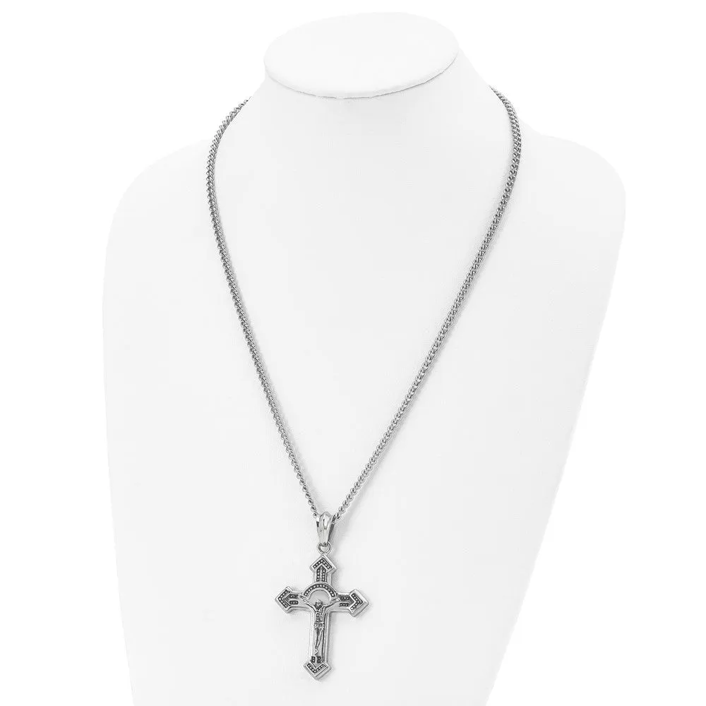 Men's Stainless Steel Large Antiqued Crucifix Cross Necklace, 24 Inch