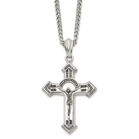 Men's Stainless Steel Large Antiqued Crucifix Cross Necklace, 24 Inch