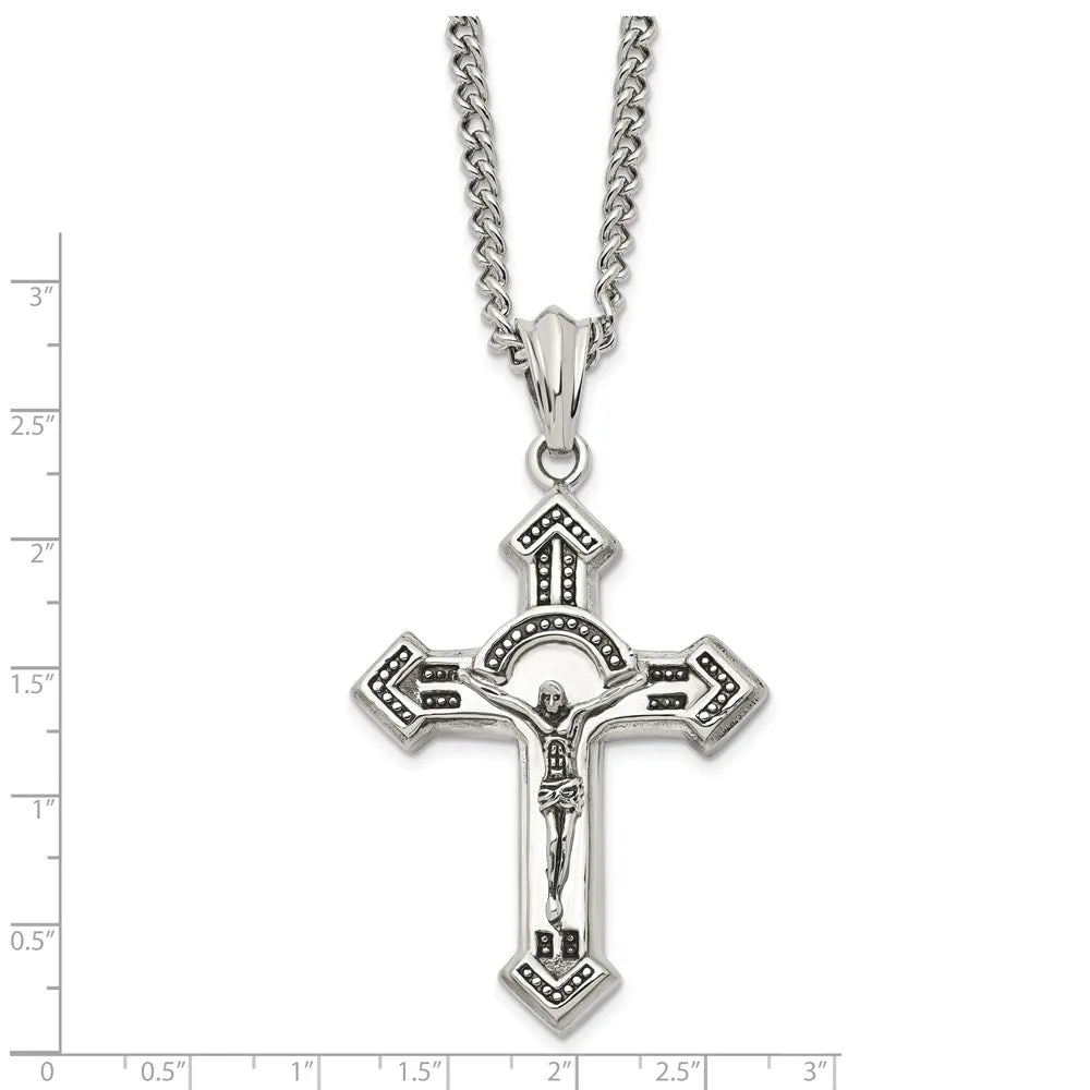 Men's Stainless Steel Large Antiqued Crucifix Cross Necklace, 24 Inch