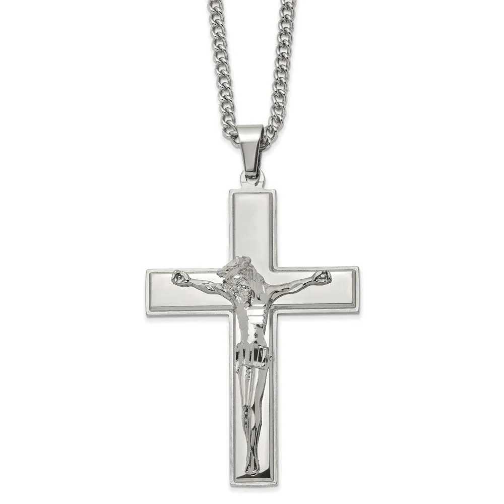 Men's Stainless Steel Large Polished Crucifix Necklace, 24 Inch