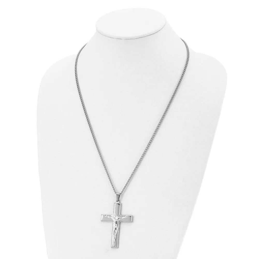 Men's Stainless Steel Large Polished Crucifix Necklace, 24 Inch