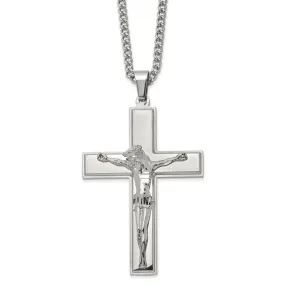 Men's Stainless Steel Large Polished Crucifix Necklace, 24 Inch