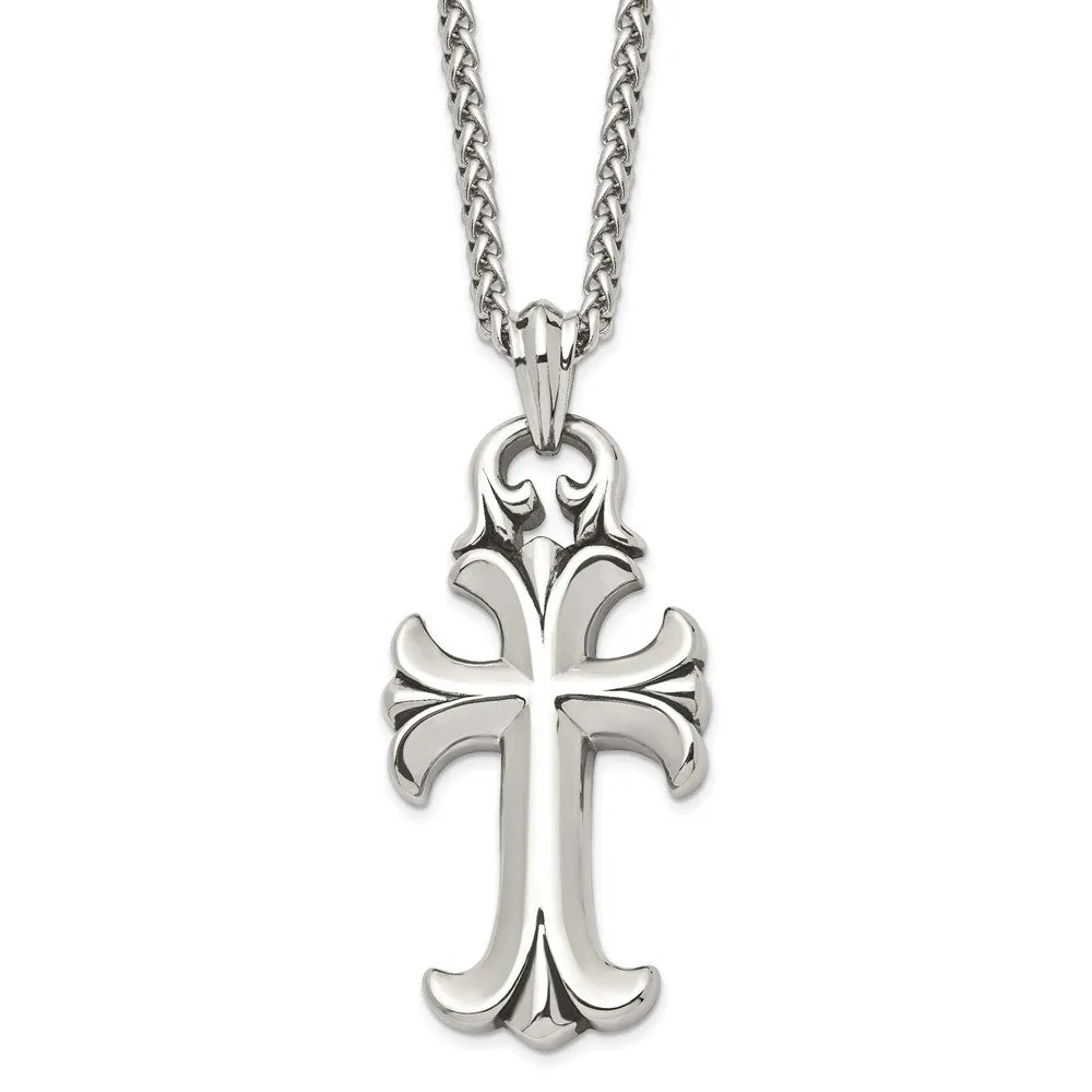 Men's Stainless Steel XXL Antiqued & Polished Cross Necklace, 24 Inch