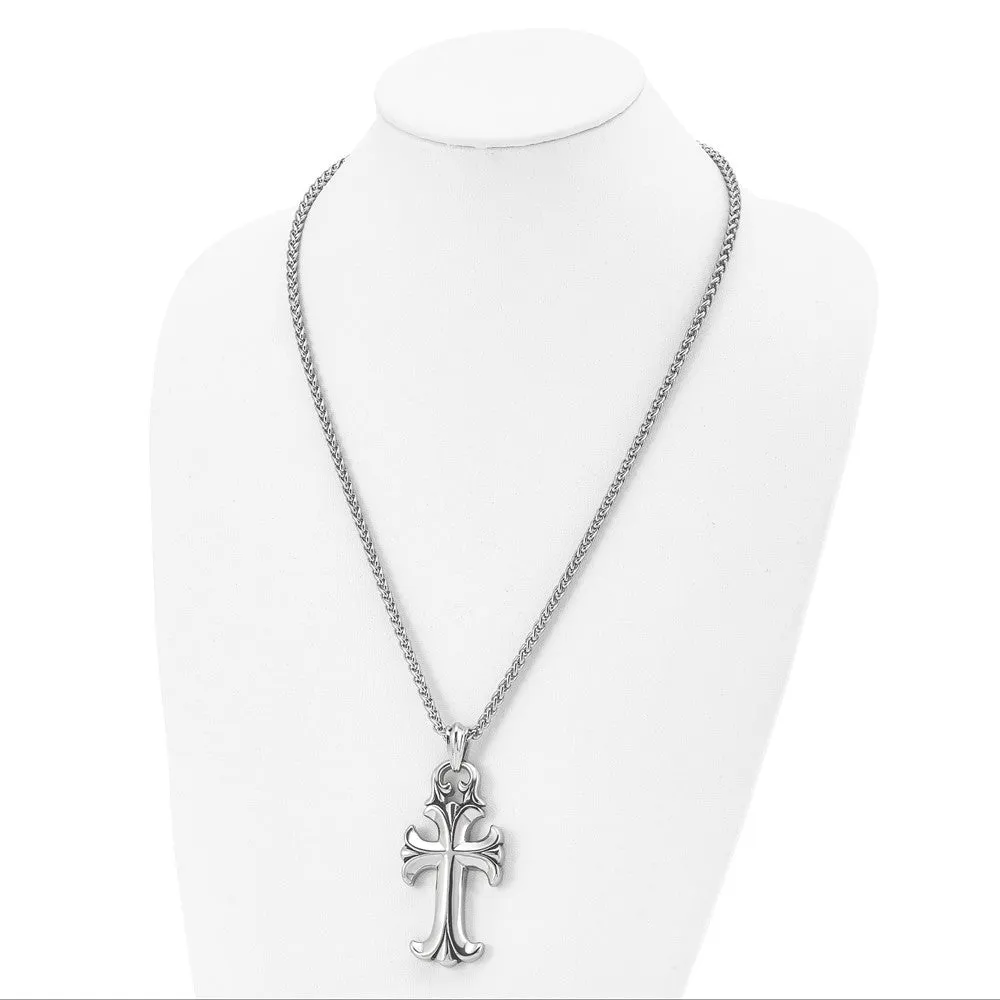 Men's Stainless Steel XXL Antiqued & Polished Cross Necklace, 24 Inch