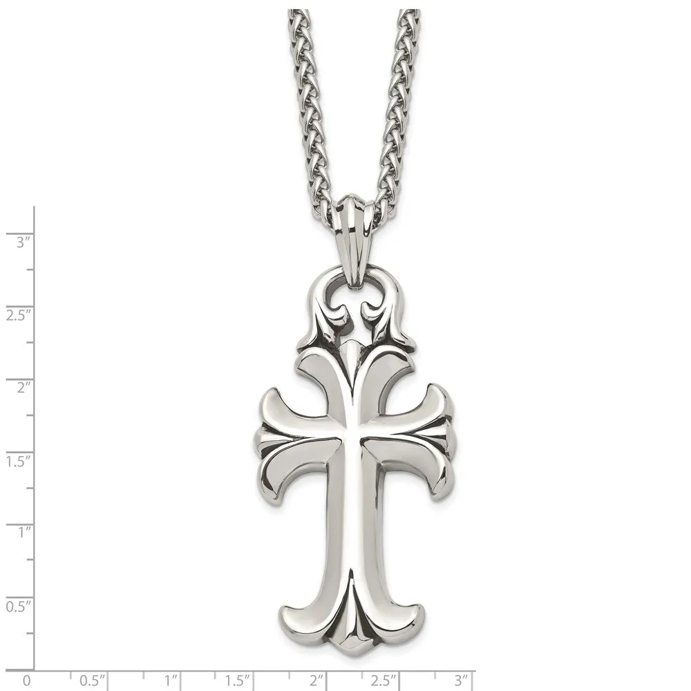 Men's Stainless Steel XXL Antiqued & Polished Cross Necklace, 24 Inch