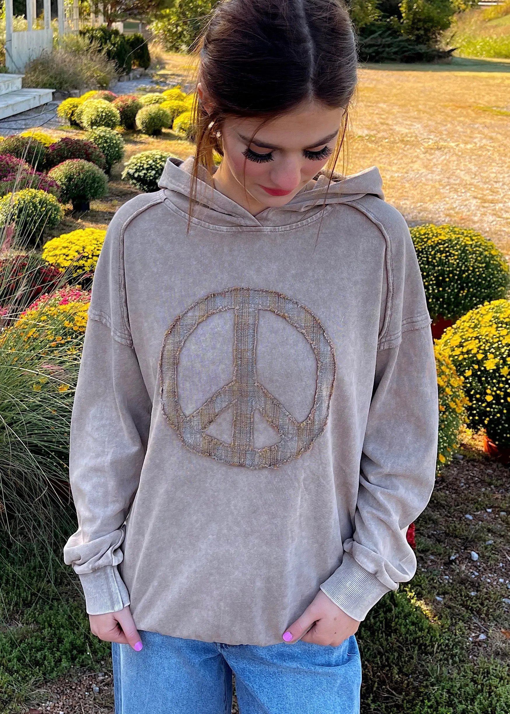 Peace Out Girl Hooded Long Sleeve Top | Mocha