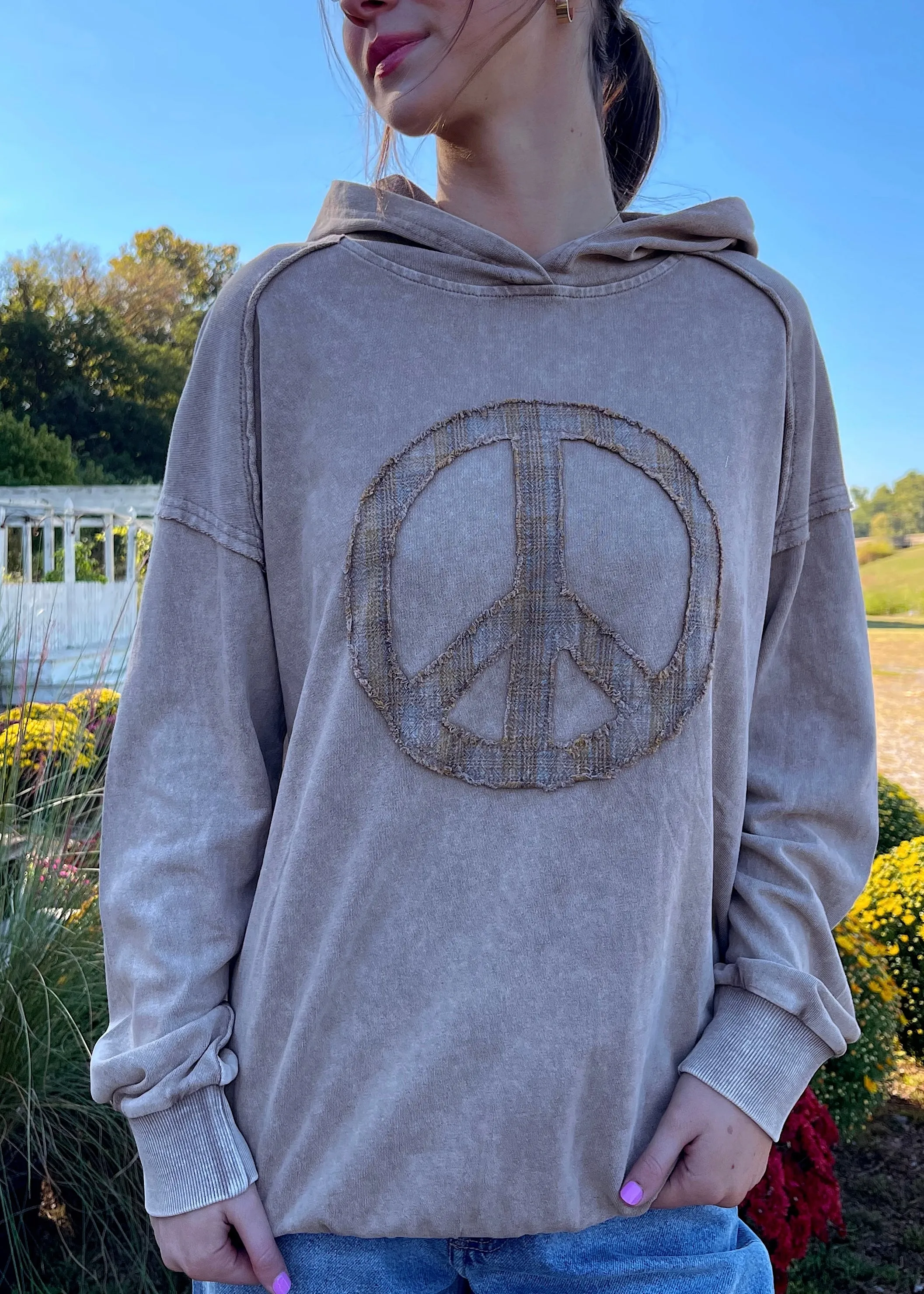 Peace Out Girl Hooded Long Sleeve Top | Mocha