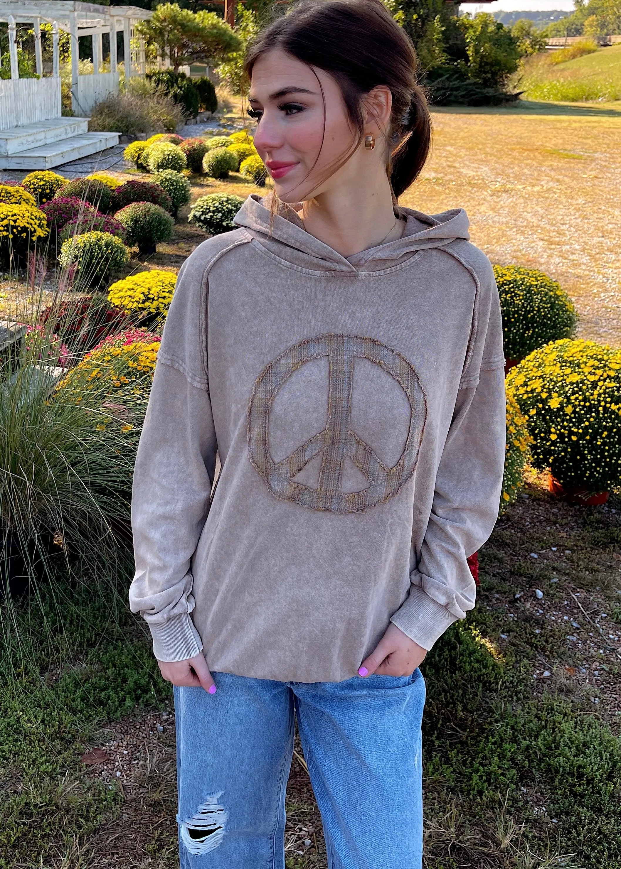 Peace Out Girl Hooded Long Sleeve Top | Mocha