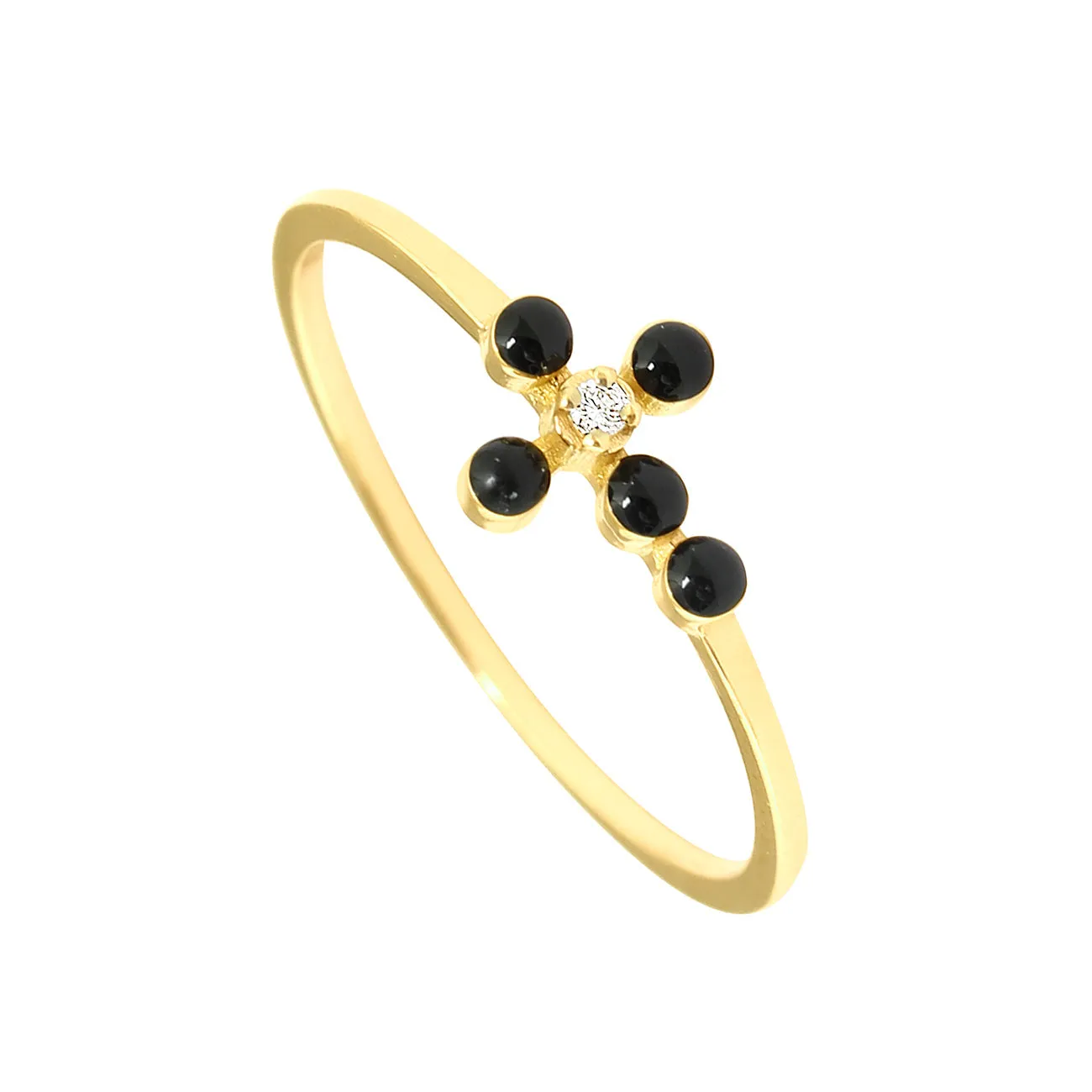 Pearled Cross Diamond Black Ring, Yellow Gold, Size 6.25