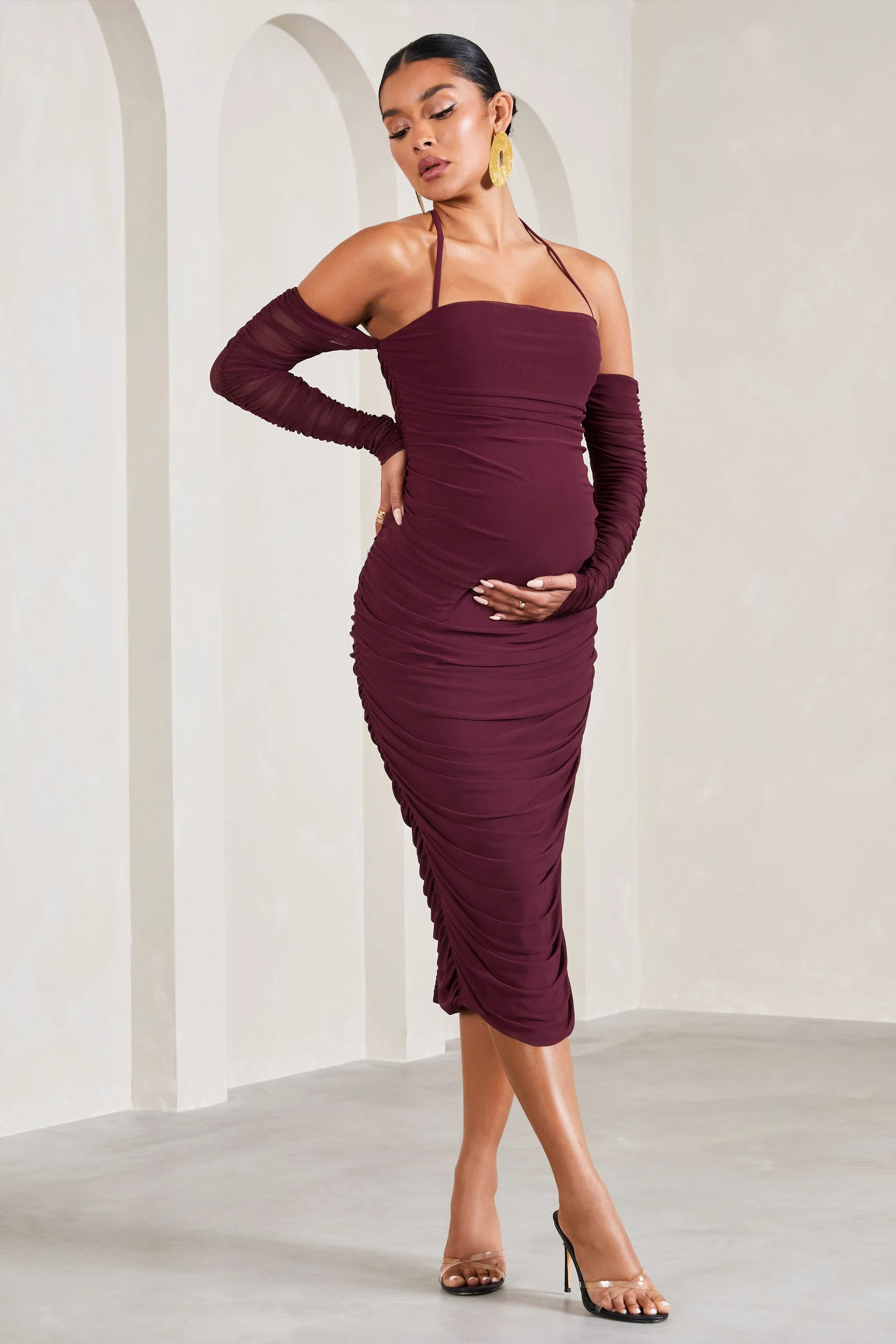 Pixie | Burgundy Ruched Long-Sleeved Halter-Neck Maternity Midi Dress