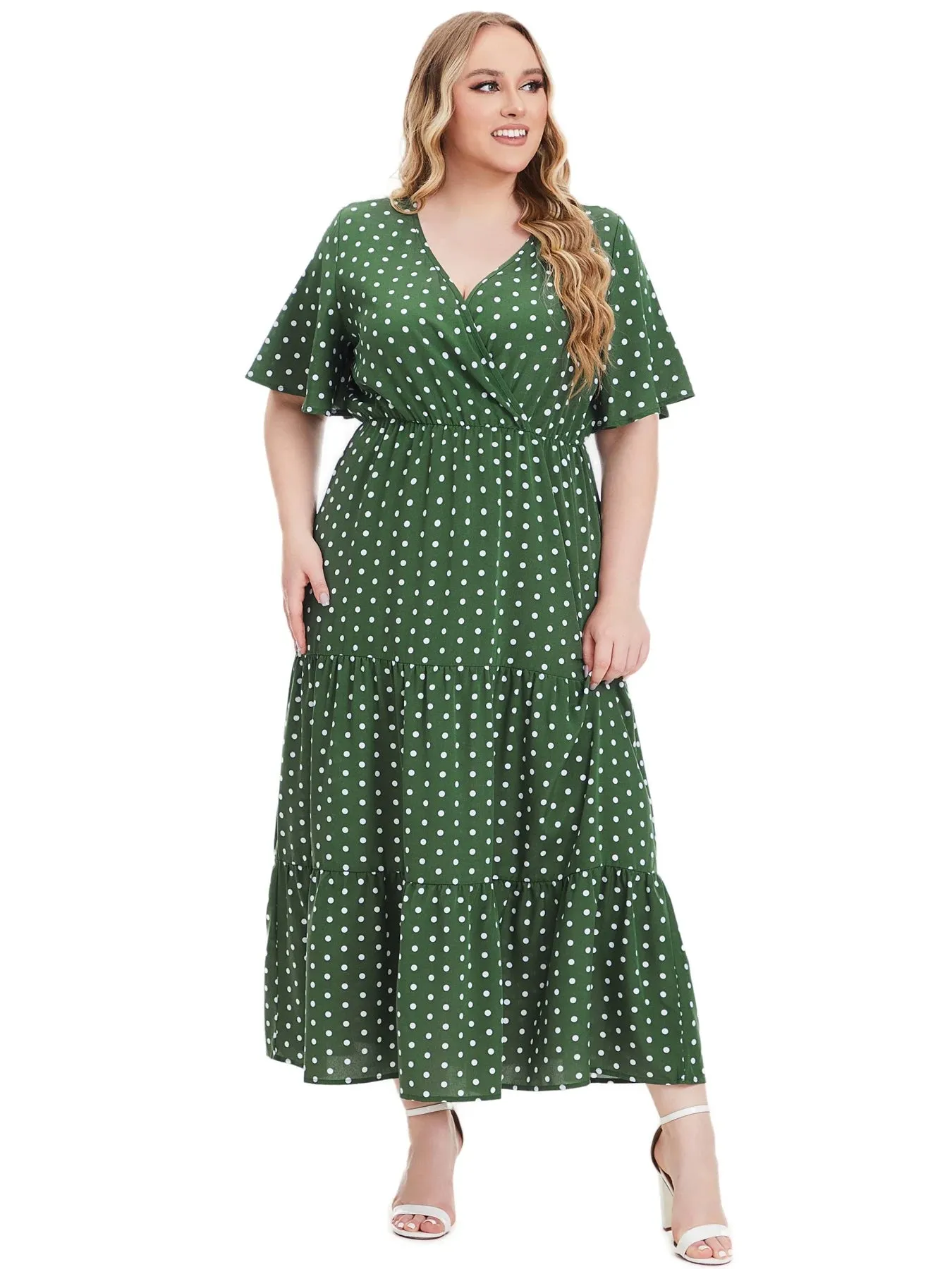 Plus Size Fashion Polka Dot Print V Neck Short Sleeve Big Size Women