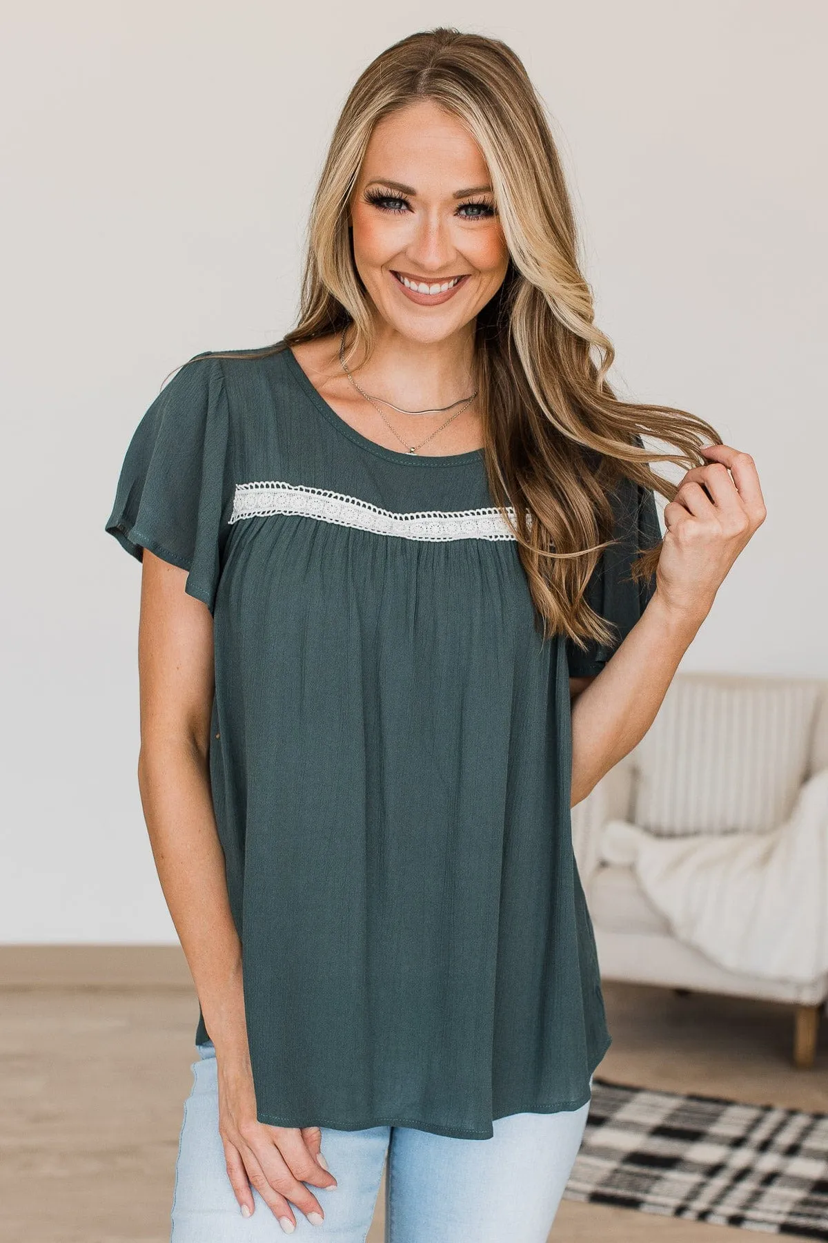 Prim & Proper Flutter Sleeve Top- Dark Teal