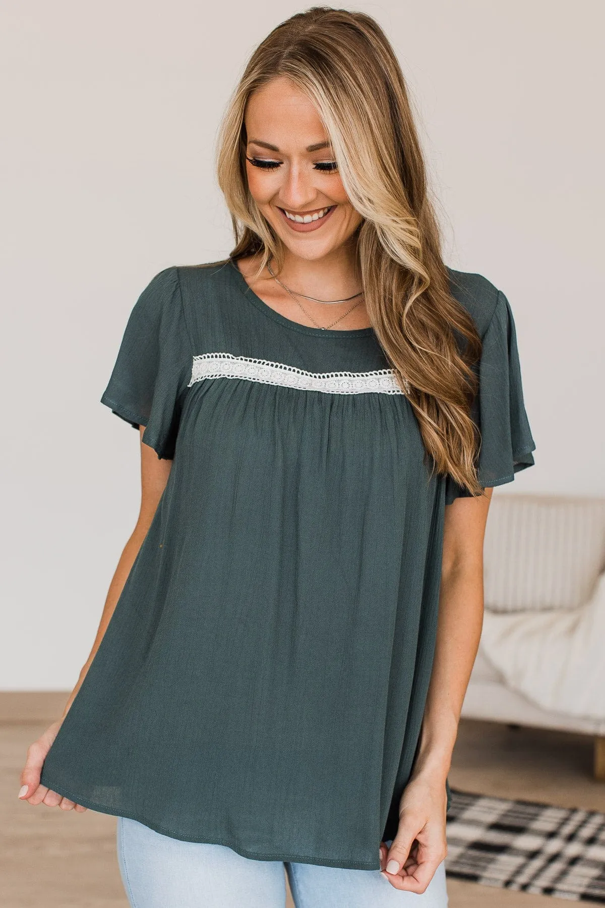 Prim & Proper Flutter Sleeve Top- Dark Teal