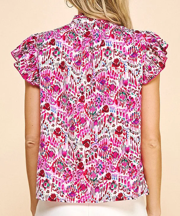 Printed Top with Ruffle Detail - Pink Multi