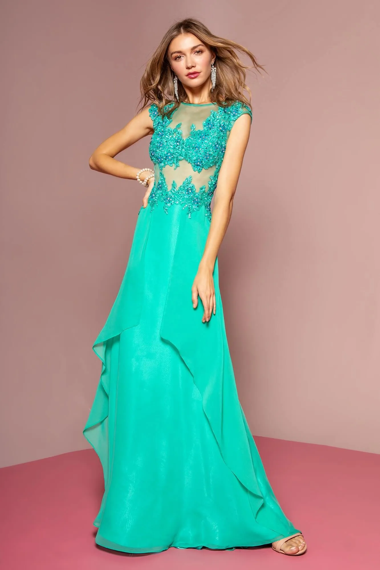 Prom Long Dress Cap Sleeve Chiffon Evening Gown