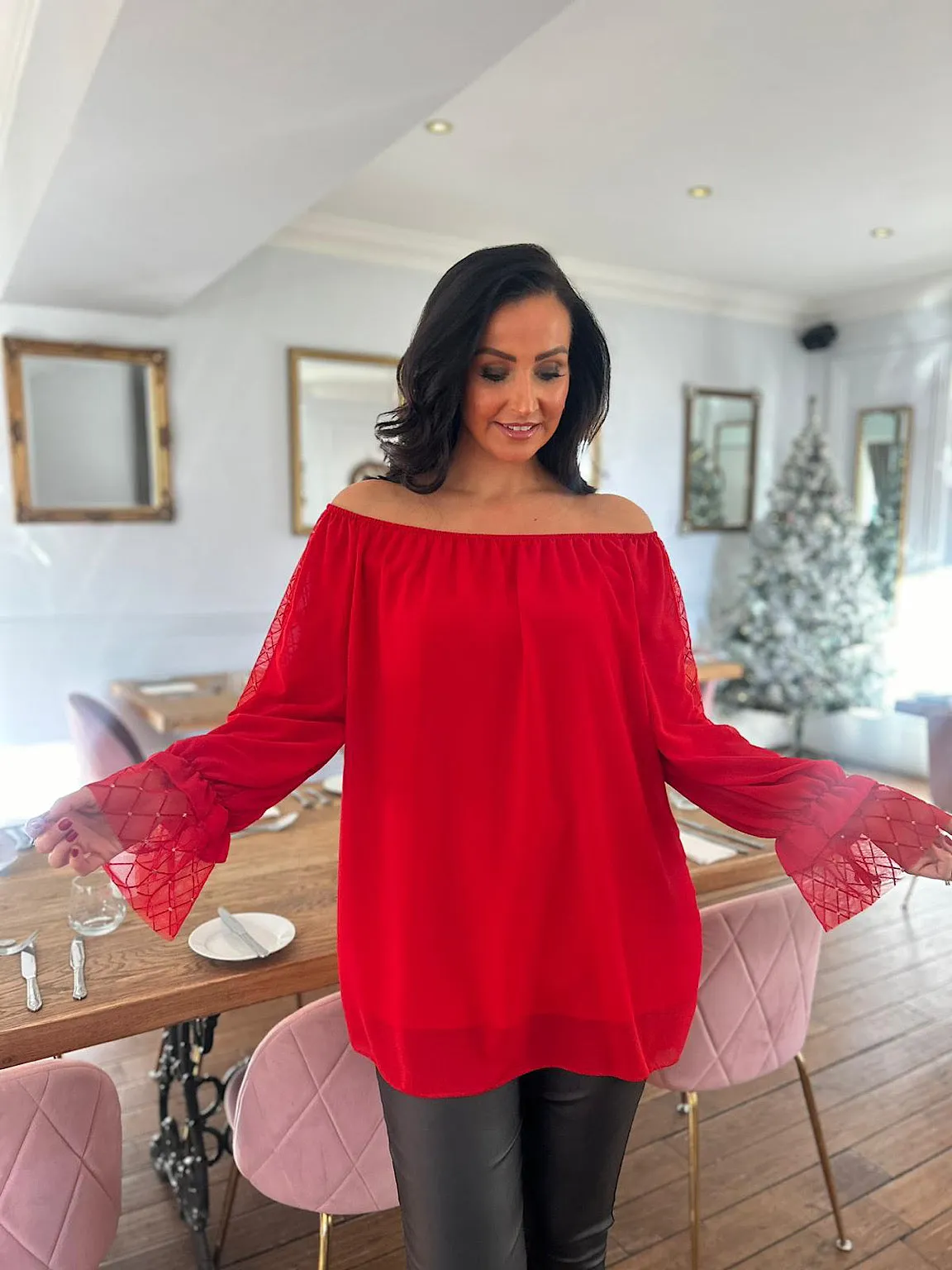 Red Diamond Sleeve Bardot Top Joy