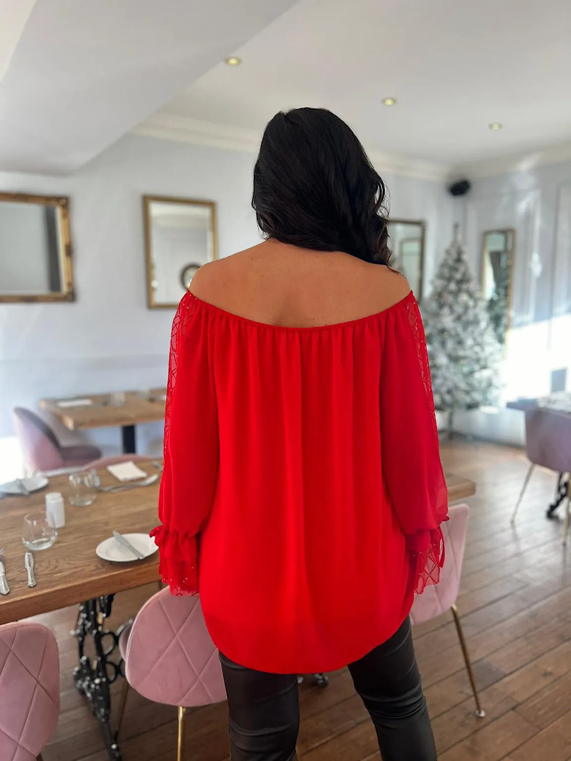 Red Diamond Sleeve Bardot Top Joy