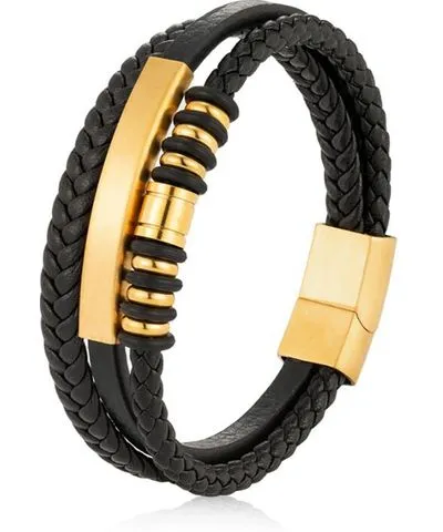 Rhona Sutton Multi Leather Black Gold Identification Stainless Steel Bracelet