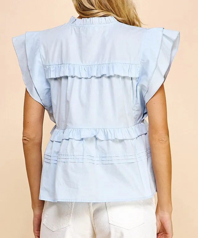 Short Sleeve Ruffle Top - Light Blue