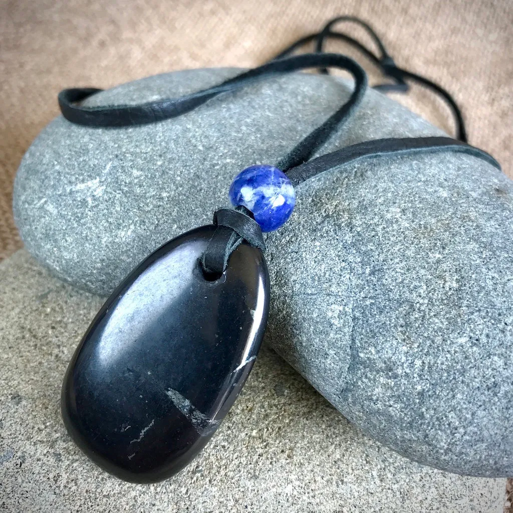 Shungite Medallion With Sodalite Bead, Unisex Pendant, Necklace