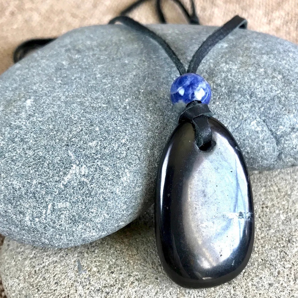 Shungite Medallion With Sodalite Bead, Unisex Pendant, Necklace