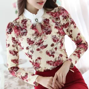 Spring Autumn Women's High Collar Crochet Lace Floral Blouse with Button