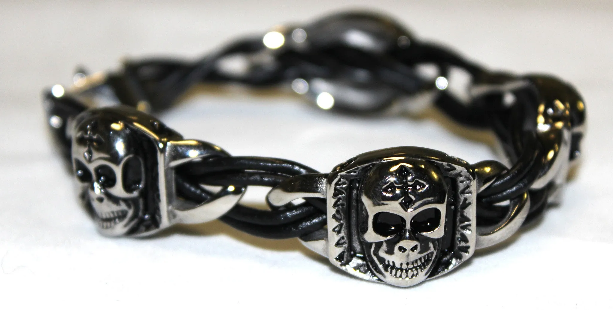 Stainless Steel Skull with Small Cross Leather Bracelet - UDINC0446