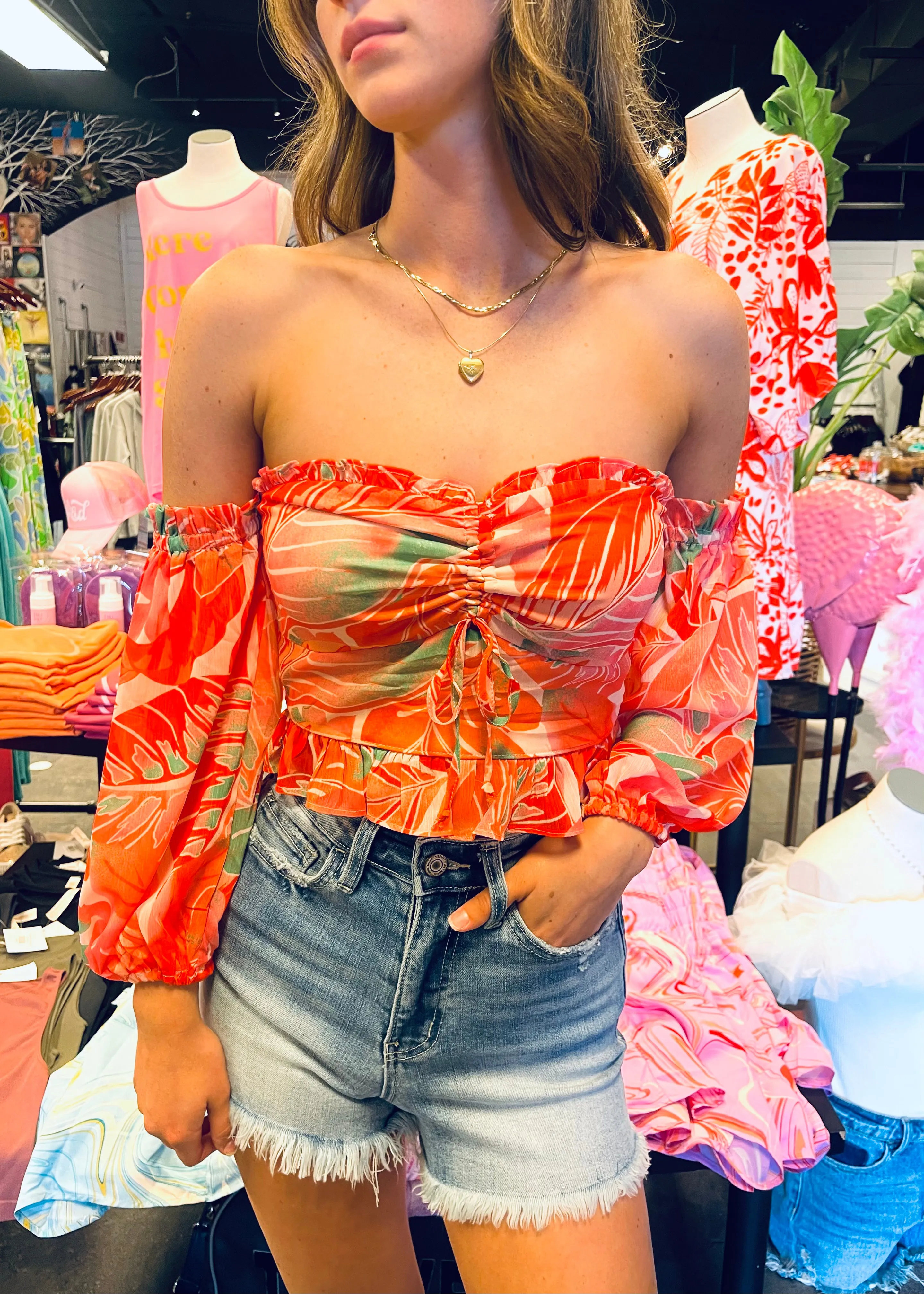 Summer Floral Off Shoulder sleeved Crop Top | Coral