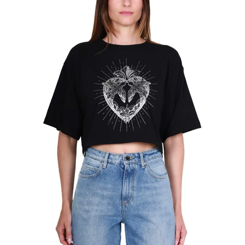 T-SHIRT CROPPED CON STAMPA LOGO, NERO