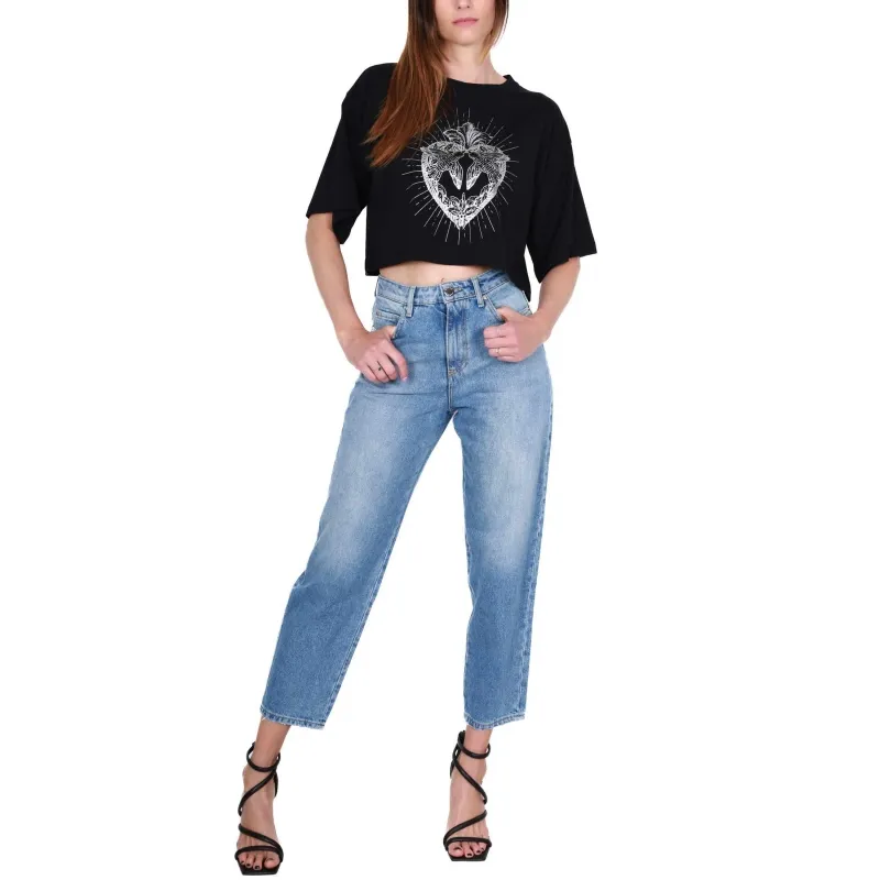 T-SHIRT CROPPED CON STAMPA LOGO, NERO