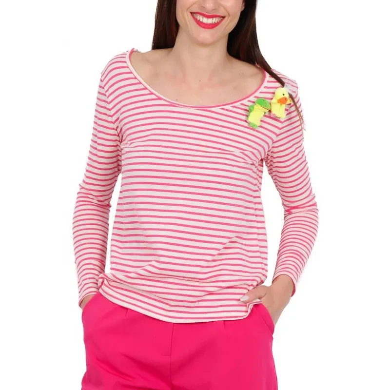 T-SHIRT MANICA LUNGA A RIGHE CON PUPAZZETTI, FUXIA