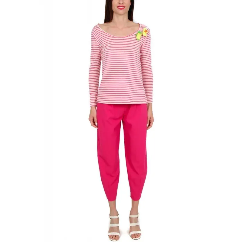 T-SHIRT MANICA LUNGA A RIGHE CON PUPAZZETTI, FUXIA