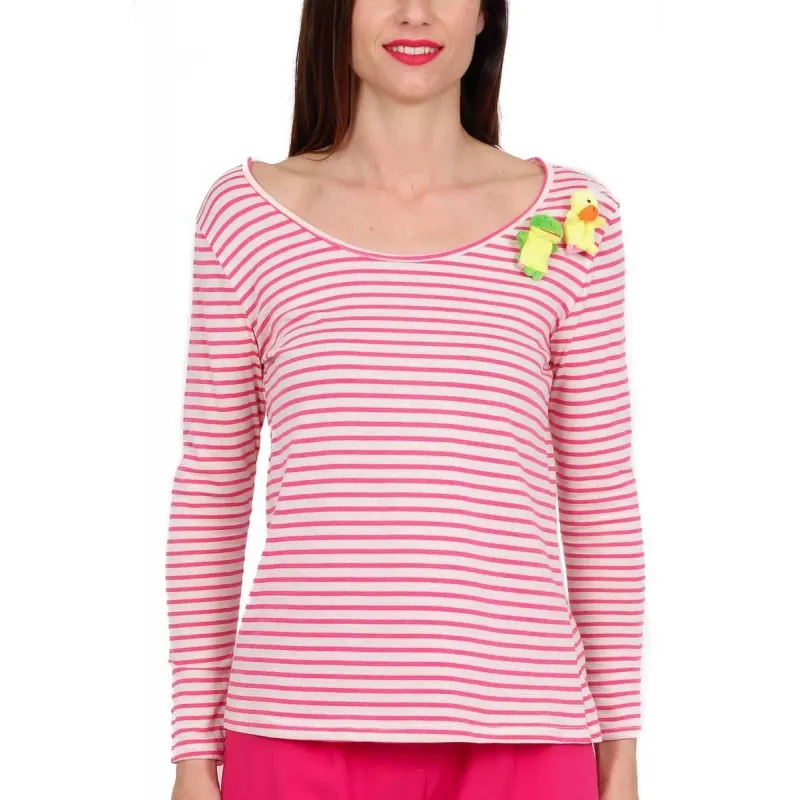 T-SHIRT MANICA LUNGA A RIGHE CON PUPAZZETTI, FUXIA