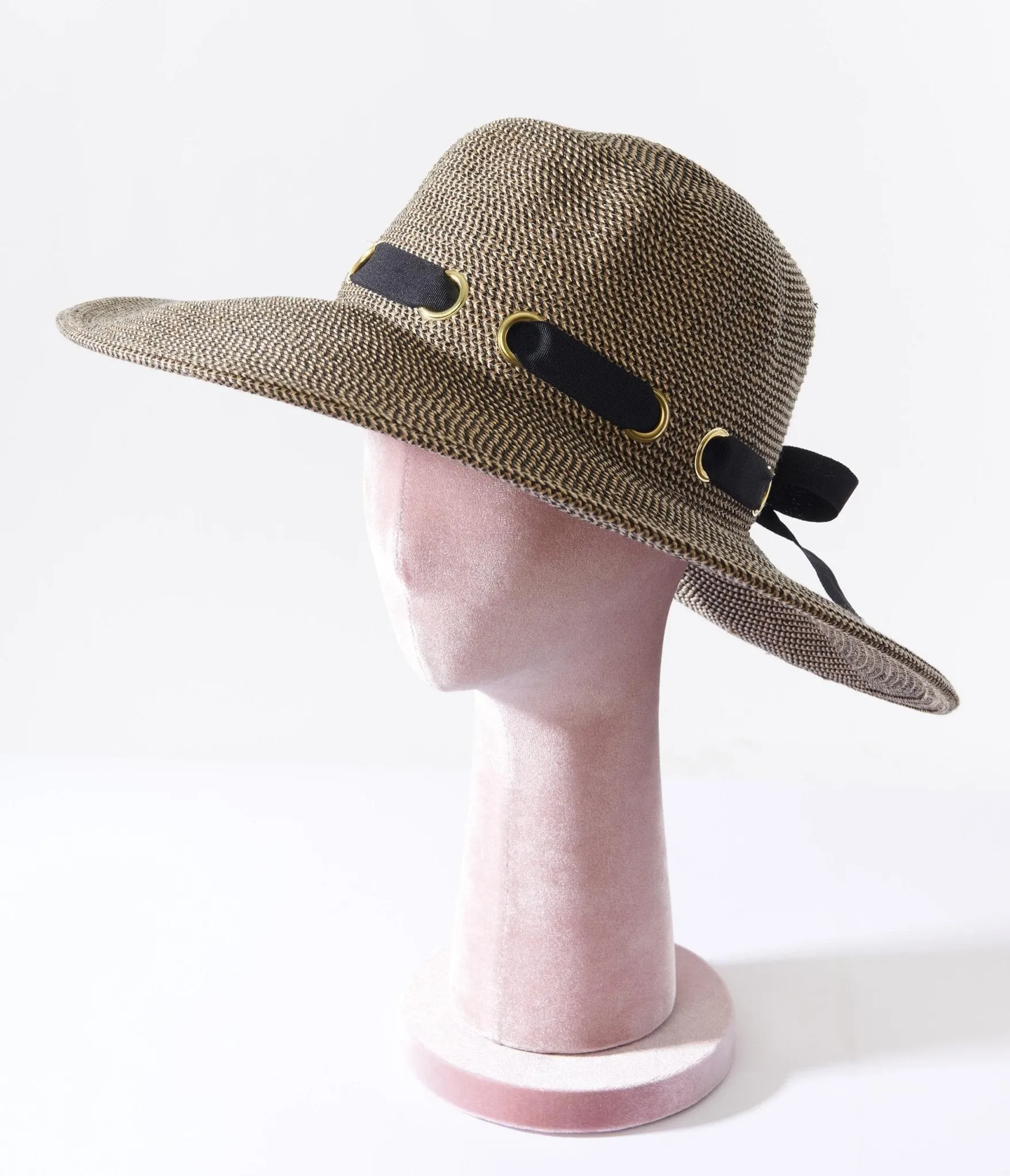 Tan & Black Ribbon Sun Hat