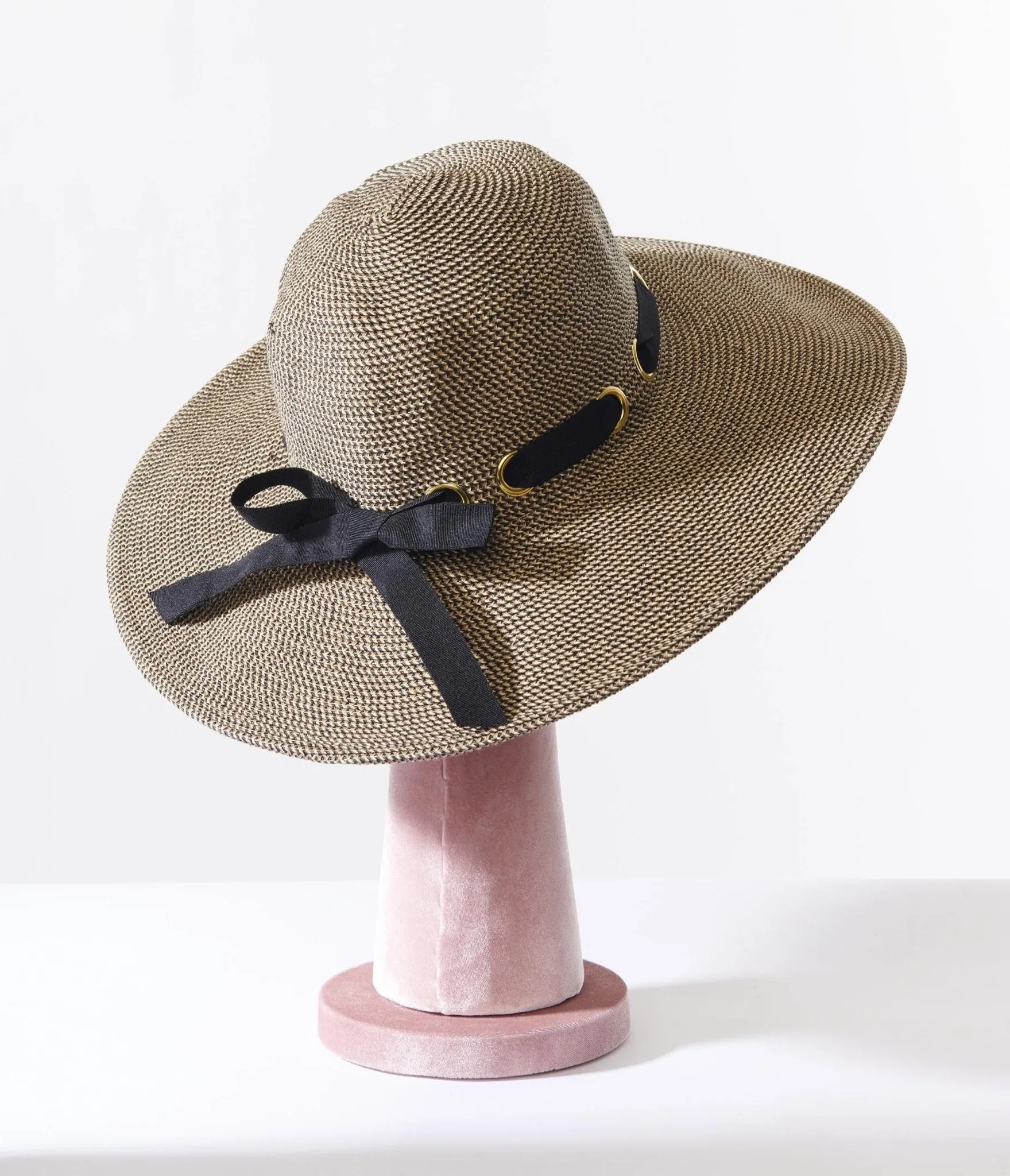 Tan & Black Ribbon Sun Hat